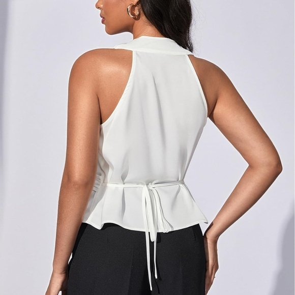 Chic White Sleeveless Wrap Blouse - Picture 2 of 7